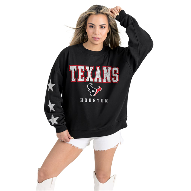 Women's Houston Texans Gameday Couture Black Velocity Relaxed Rhinestone Pullover Sweatshirt(Run Small)